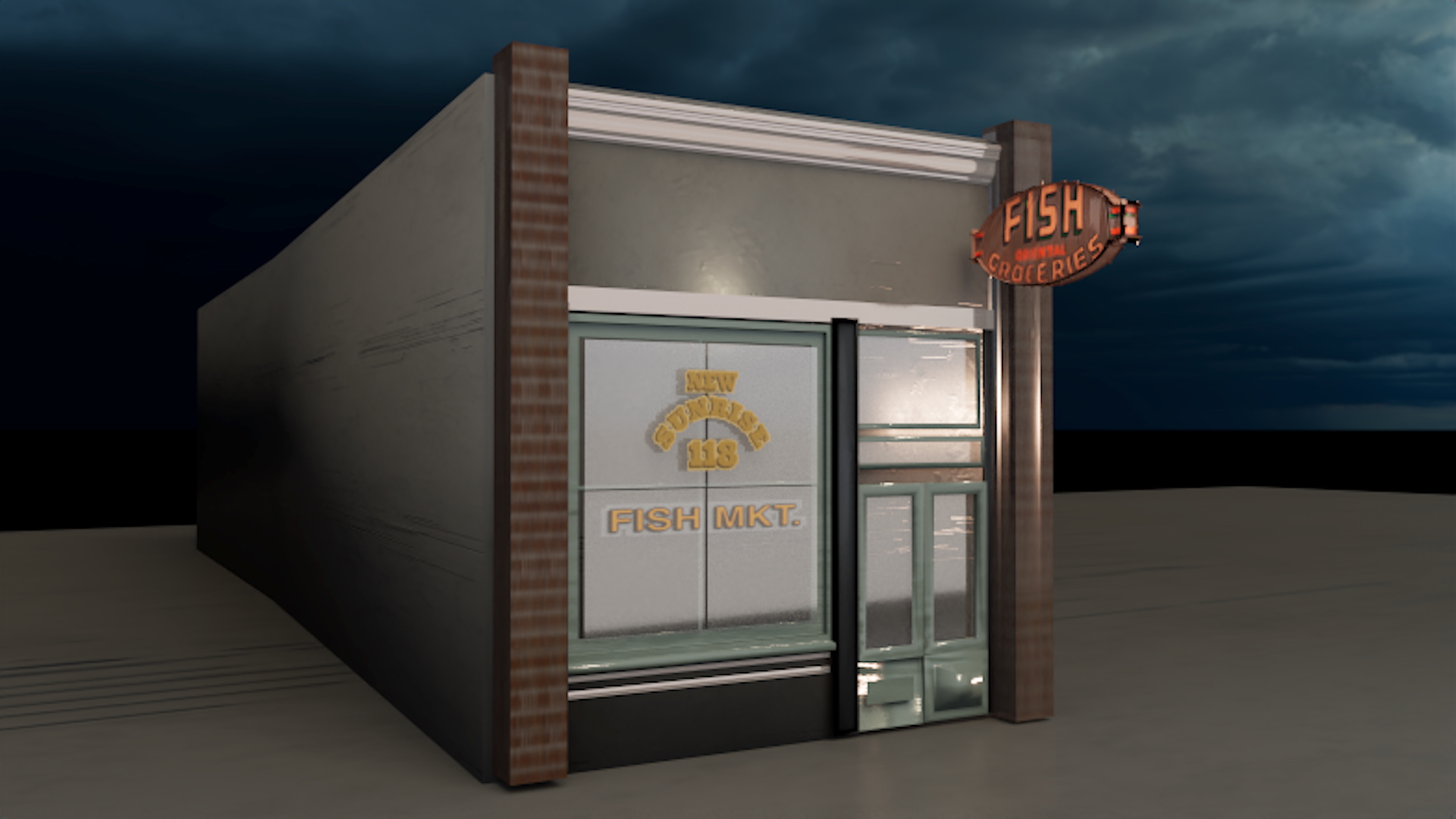 Craig Nagasawa, "J-Town: Sunrise Fish Market," 2025. Still from 3D Render.